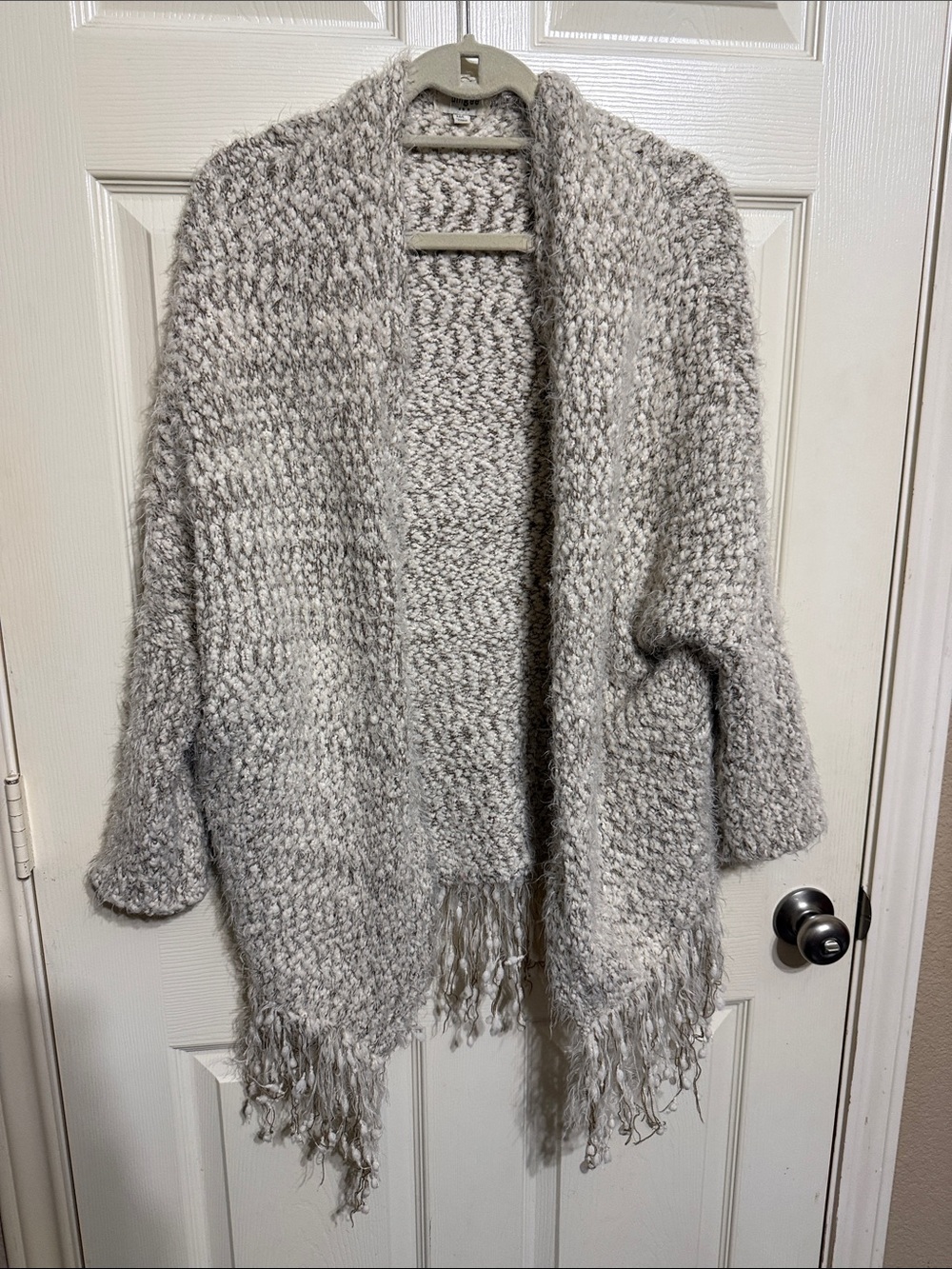 Umgee Heathered Light Gray Fringe Open-Front Cardigan